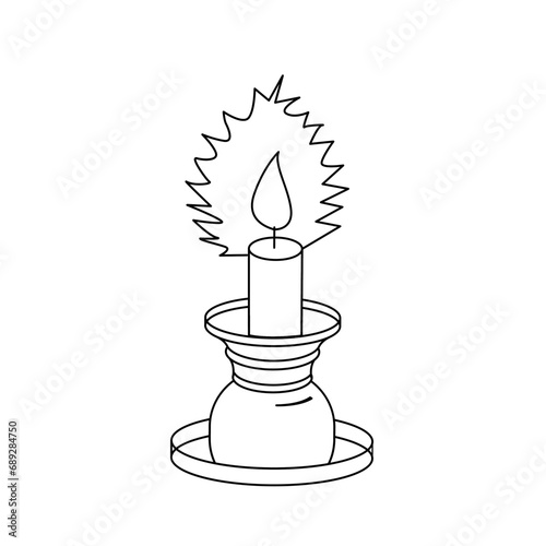 A candle stands in a candlestick, the fire is burning. Vector line drawing isolated on background.