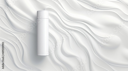 Mockup of a bottle of cosmetics for hair or body, white background, white waves texture