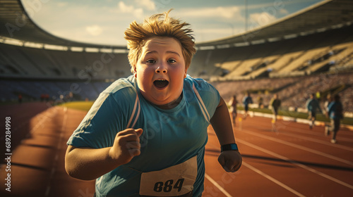An overweight child is running in the stadium. A running marathon.