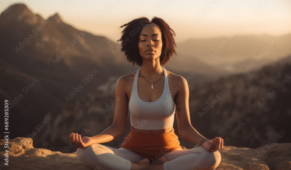 Young African American Woman Meditating at Mountain Dusk
