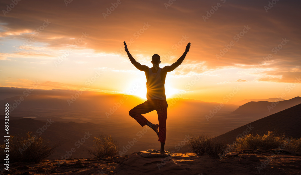 Silhouette of Man Practicing Yoga Tree Pose at Mountain Sunset