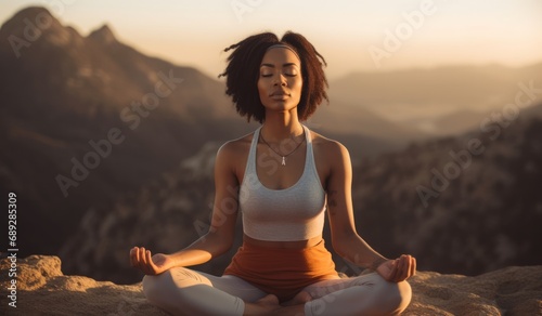 Young African American Woman Meditating at Mountain Dusk