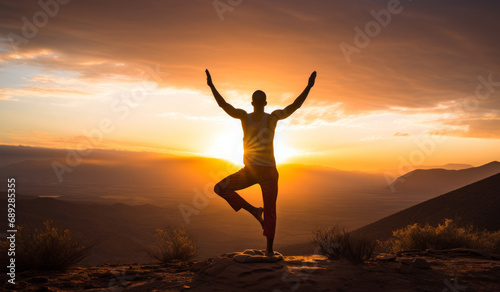 Silhouette of Man Practicing Yoga Tree Pose at Mountain Sunset