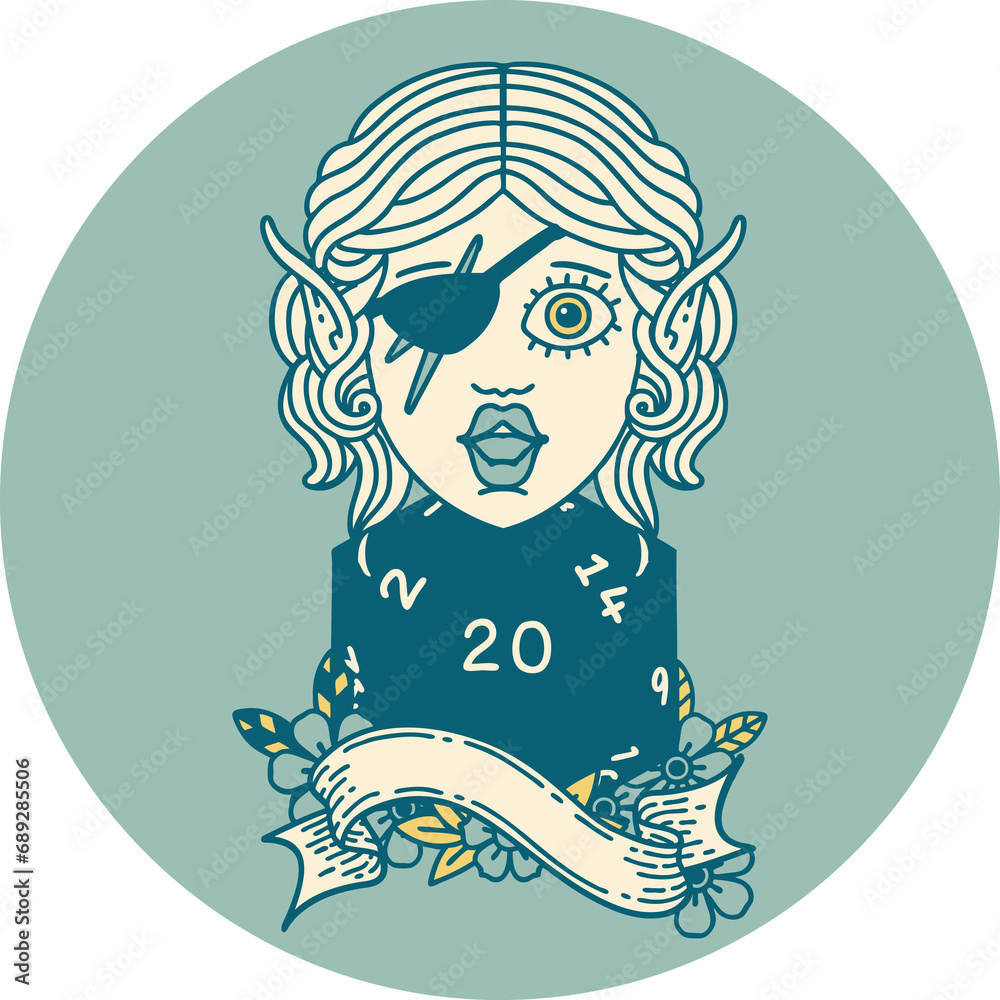 icon of elf rogue with natural twenty dice roll icon of elf rogue with natural twenty dice roll