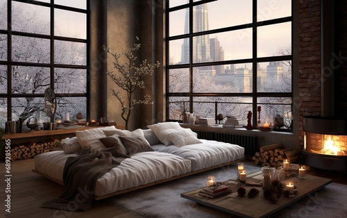 loft-style living room and winter outsi