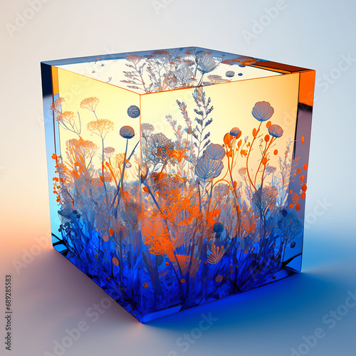 Tropical flowers glass cube resin paperweight picture AI Generated image photo