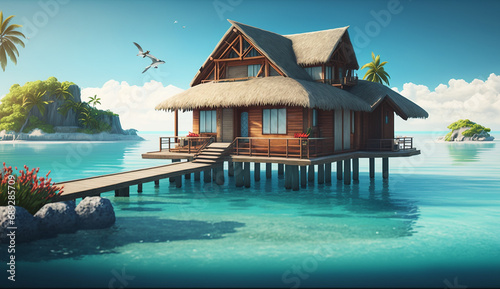 Tropical island overwater villa beach resort house pictures AI Generated image © DolonChapa