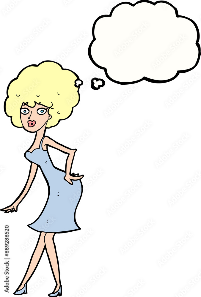 cartoon woman posing in dress with thought bubble cartoon woman posing in dress with thought bubble