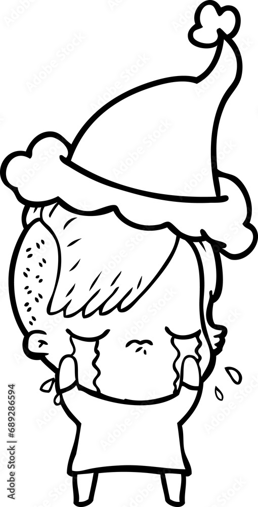 hand drawn line drawing of a crying girl wearing santa hat