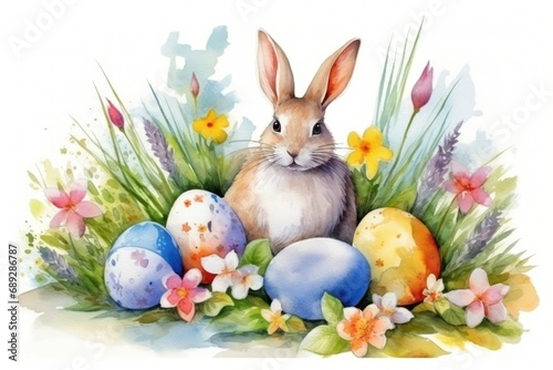 Watercolor illustrations for Easter with a rabbit and colored eggs