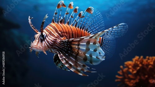 A beautiful predatory Pterois volitans gracefully swims in search of food in the mesmerizing blue water.
