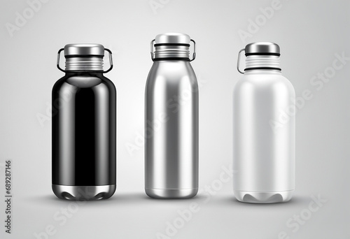 White, Silver and Black Water Bottle. closeup on White Background.