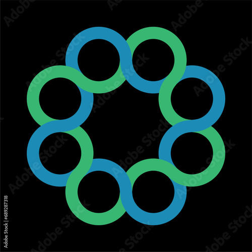 Eight intertwined rings in blue and green. Could be used as frames for info graphic. Isolated. Vector illustration.