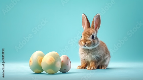 The Easter bunny is happy, sitting on colored paper