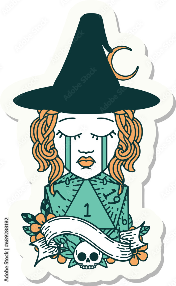 sticker of a crying human witch with natural D20 roll sticker of a crying human witch with natural D20 roll
