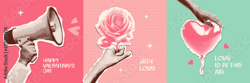Vintage banners set for Valentine's Day. Vector illustration with halftone hands holding heart balloon, rose and megaphone. Concept of retro collage for Valentine's Day with cut out symbols.