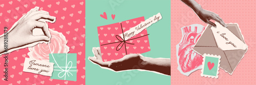 Happy Valentine's day trendy vintage cards set. Hands giving gifts and love letter. Contemporary art halftone collage for Valentine's Day. Vector illustration. Modern design with cut out halftone arms