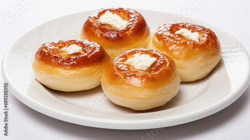 Buns with cottage cheese  isolated on a white background  showcasing homemade cheesecakes