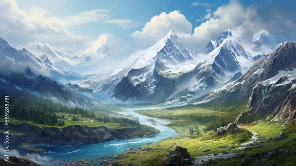 An expansive mountain range panorama with snow-capped peaks and a winding river below