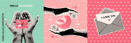 Creative set of Valentine's day greeting card covers with Halftone hand giving gift, letter and heart. Contemporary Valentine Collage Retro celebration poster for Social Media. Vector illustration 80s