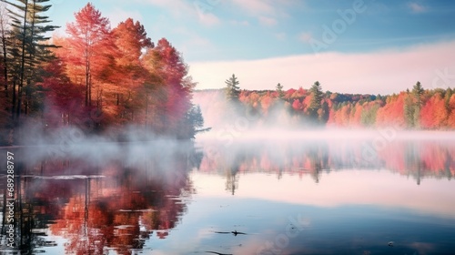 Misty morning over a tranquil lake with vibrant fall colors reflected in the water