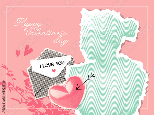 Female antique Statue with a halftone effect in a retro collage style with vector graphic elements - heart and love letter. Happy Valentine's Day Banner vector design in vintage mixed media style.