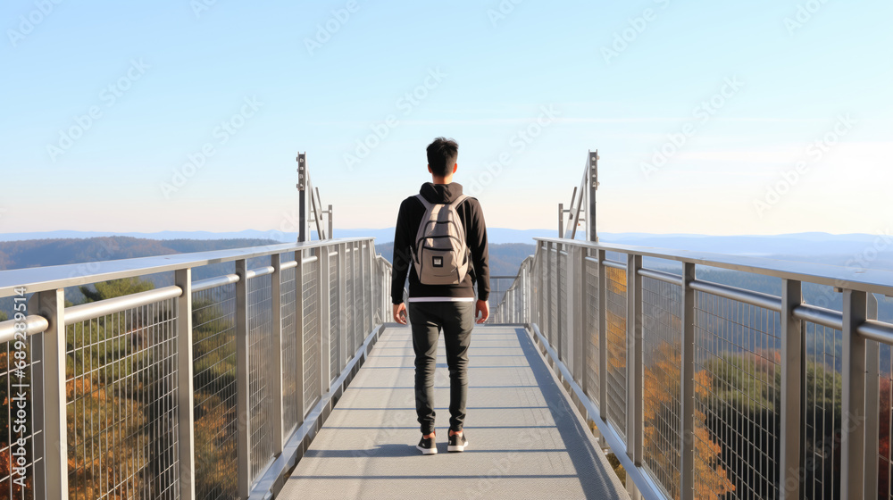  A Tourist Man is Walking over bridge at national park in the morning .