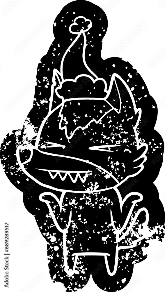 Fototapeta premium angry wolf quirky cartoon distressed icon of a wearing santa hat
