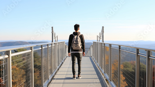  A Tourist Man is Walking over bridge at national park in the morning .