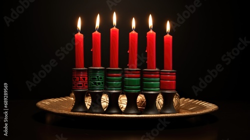 Cultural celebration: Happy Kwanzaa with seven burning candles in red, black, and green, symbolizing African heritage.