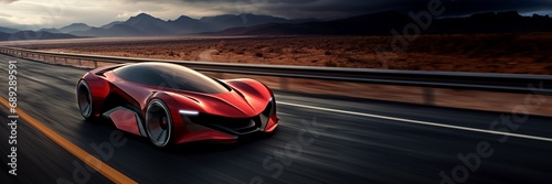 Sports car driving at high speed on a highway or city road. Modern design. Futuristic design. Concept car. For poster, invitation, flyer, banner, header. Generative AI content