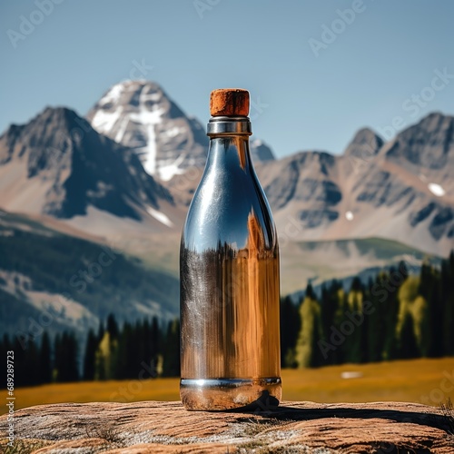 tumbler with nature background, view of mountain background. 
