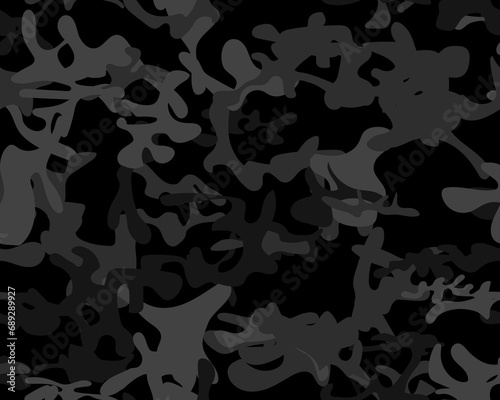 Camouflage Woodland Vector. Seamless Vector Background. Army Abstract Brush. Urban Repeat Pattern. Gray Camo Print. Digital Dirty Camouflage. Camo Black Grunge. Seamless Paint. Modern Black Texture.