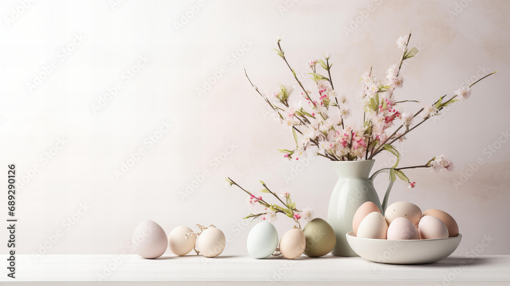 Easter Floral Frame with Pastel Eggs and White Flowers Easter Floral Frame with Pastel Eggs and White Flowers