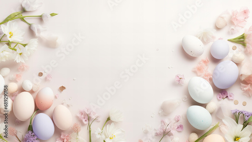 Easter Floral Frame with Pastel Eggs and White Flowers