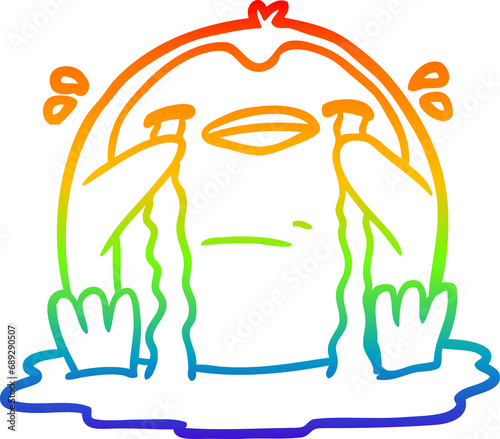 rainbow gradient line drawing of a crying penguin