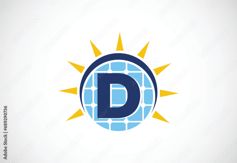 English alphabet D with solar panel and sun sign. Sun solar energy logo vector illustration English alphabet D with solar panel and sun sign. Sun solar energy logo vector illustration