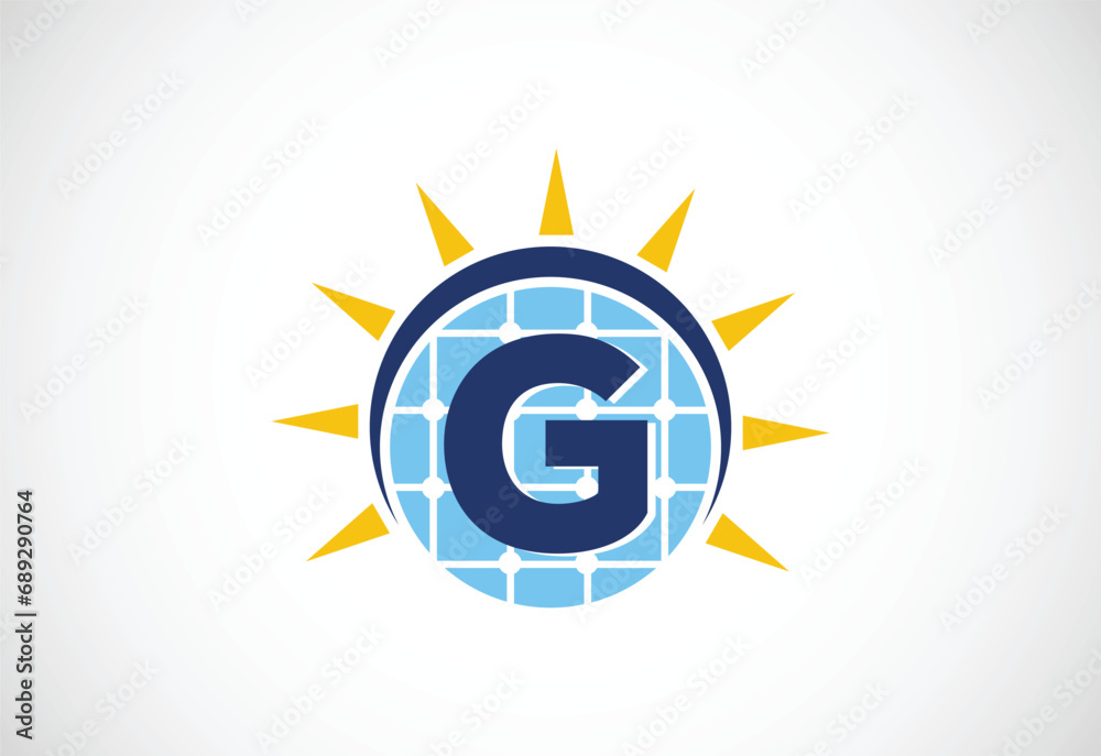 English alphabet G with solar panel and sun sign. Sun solar energy logo vector illustration English alphabet G with solar panel and sun sign. Sun solar energy logo vector illustration