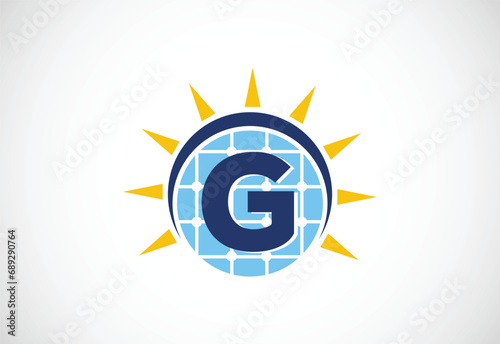 English alphabet G with solar panel and sun sign. Sun solar energy logo vector illustration