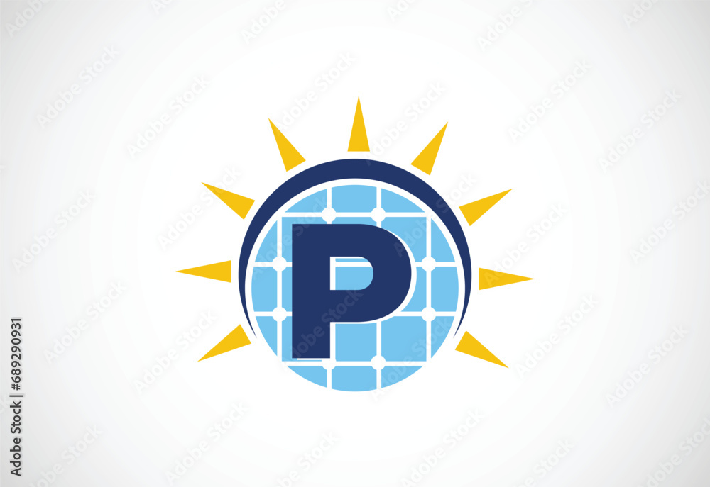 English alphabet P with solar panel and sun sign. Sun solar energy logo vector illustration English alphabet P with solar panel and sun sign. Sun solar energy logo vector illustration