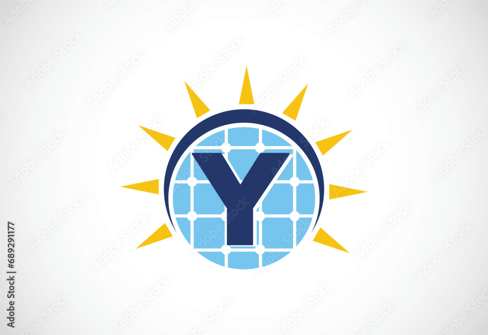English alphabet Y with solar panel and sun sign. Sun solar energy logo vector illustration
