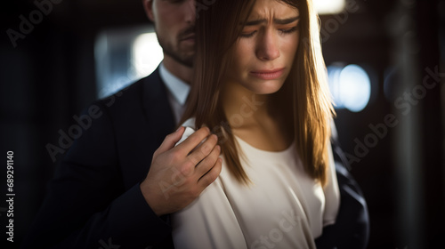 Rape and sexual assault at work  concept with terrified young woman being inappropriately touched by colleague