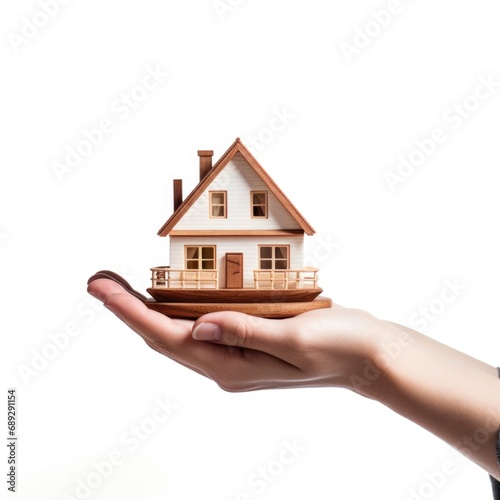 A hand holding a small model of a house.