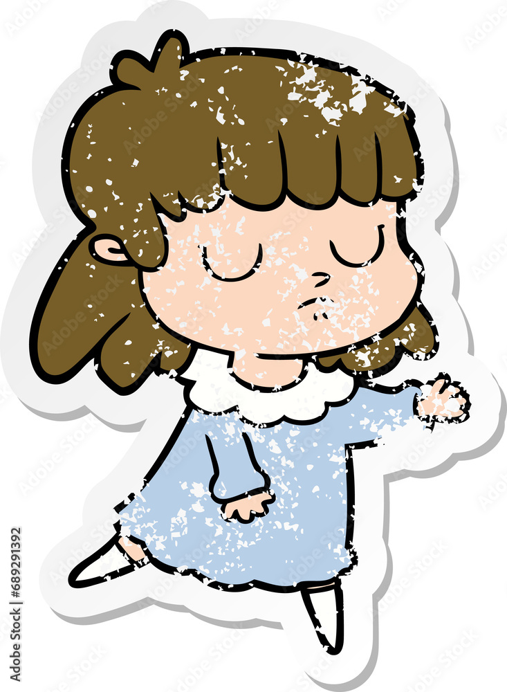 distressed sticker of a cartoon indifferent woman distressed sticker of a cartoon indifferent woman
