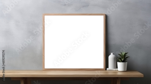 Wood photo frame mockup on gray wall background, blank poster template. Minimalistic interior table vase with flowers decor