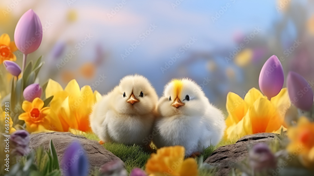 Easter background for banner with chickens, Easter eggs and flowers