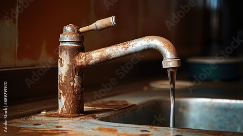 Decayed utility: An old rusty sink faucet in the kitchen, showcasing rust streaks, calcium scale, and the concept of poor water quality.