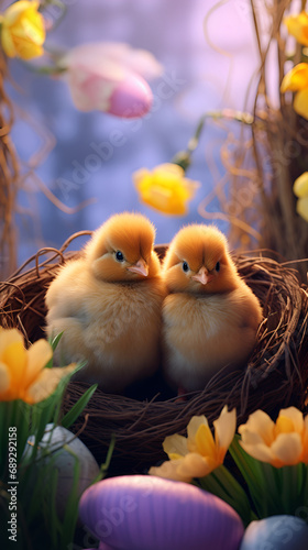 Easter background for banner with chickens, Easter eggs and flowers © katerinka
