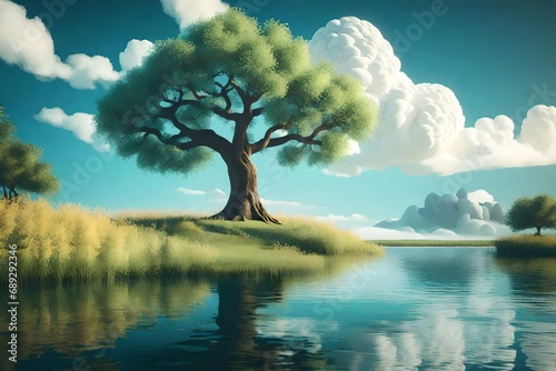 3D illustration featuring a landscape theme, showing a cheerful tree with a cloud covering calm water.