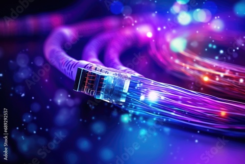 A detailed close-up view of a purple and blue cable. This image can be used to illustrate technology, connectivity, or electronics